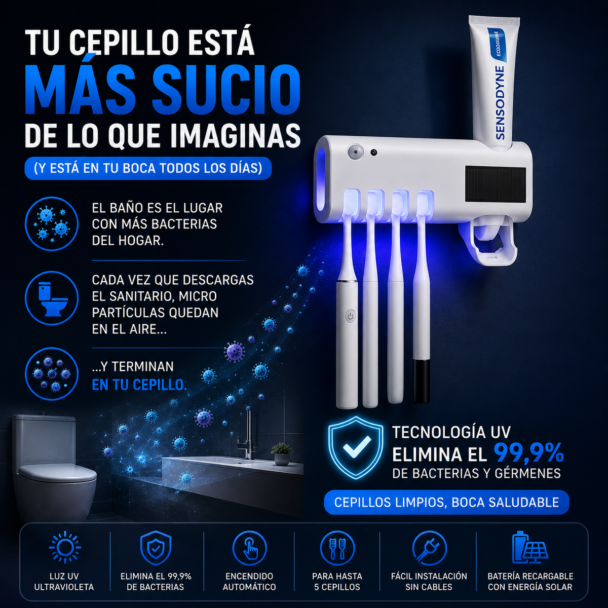Porta Cepillos Dental con Esterilizador UV🪥🦷 y Dispensador Automático de Pasta