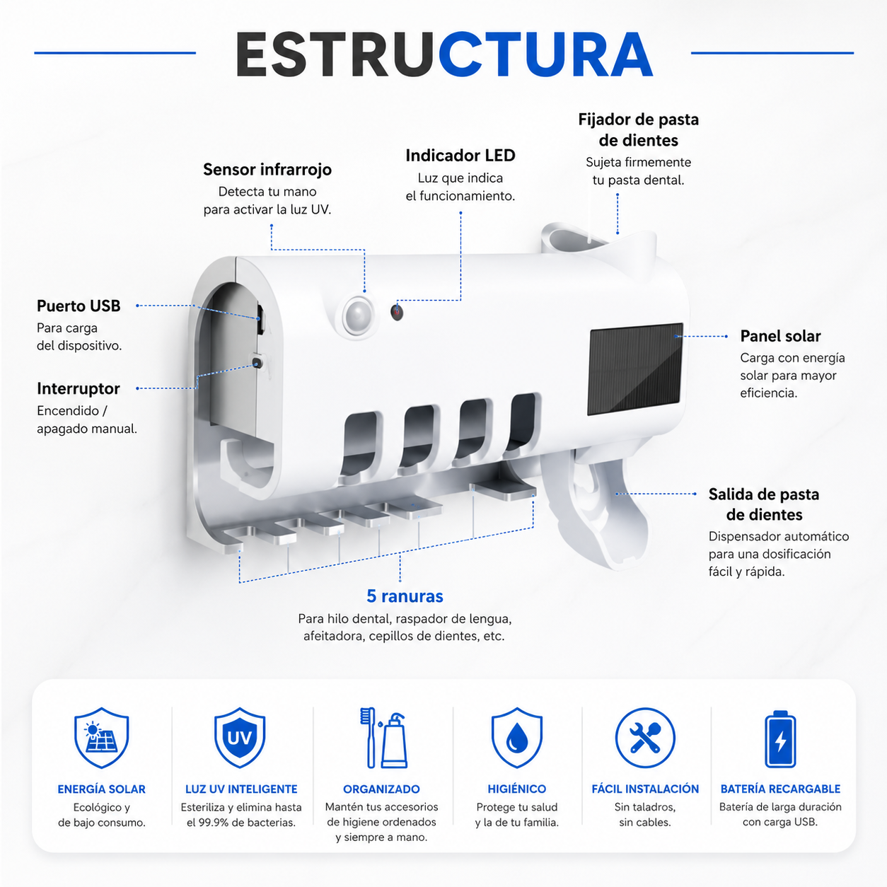 Porta Cepillos Dental con Esterilizador UV🪥🦷 y Dispensador Automático de Pasta