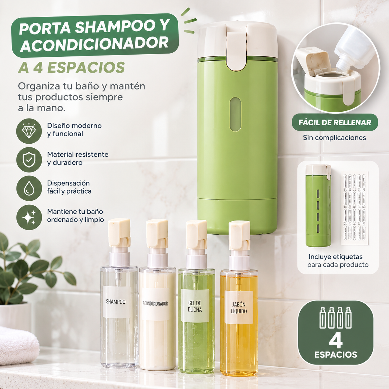 Dispensador de Shampoo y Acondicionador - 4 espacios
