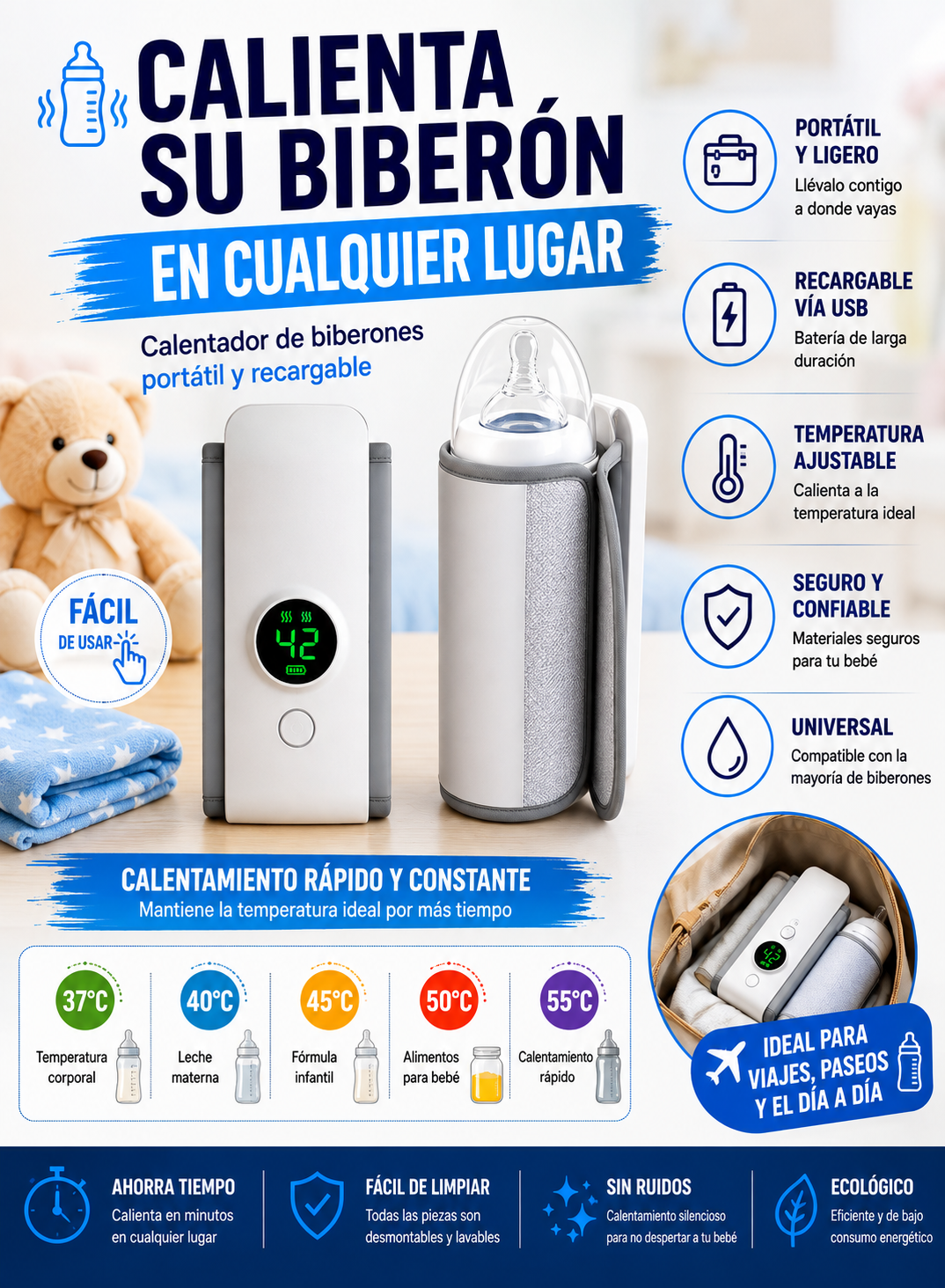 Calentador de Biberones Portátil | Leche Lista en Minutos, Día y Noche